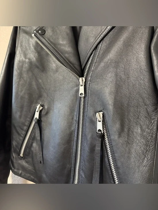 AllSaints Dalby Slim Fit Leather Biker Jacket Classic Jacket US 8 - Picture 10 of 13